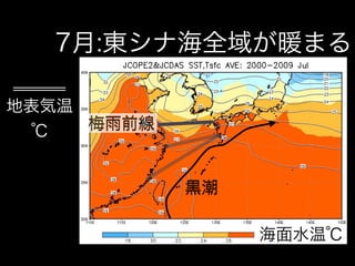 7月:東シナ海全域が暖まる

地表気温
  ℃  梅雨前線


            黒潮

                 海面水温℃
 