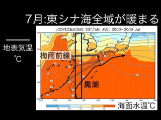 7月:東シナ海全域が暖まる

地表気温
  ℃  梅雨前線


            黒潮

                 海面水温℃
 