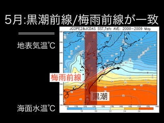 5月:黒潮前線/梅雨前線が一致

 地表気温℃



     梅雨前線

            黒潮
 海面水温℃
 