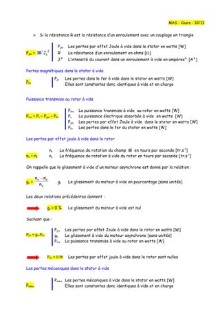  Si la résistance R est la résistance d’un enroulement avec un couplage en triangle
Pjso Les pertes par effet Joule à vide dans le stator en watts [W]
Pjso =
2
oJ3R' R’ La résistance d’un enroulement en ohms [Ω]
J² L’intensité du courant dans un enroulement à vide en ampères² [A²]
Pertes magnétiques dans le stator à vide
Pfs
Puissance transmise au rotor à vide
Ptro La puissance transmise à vide au rotor en watts [W]
Ptro = Po – Pjso – Pfs Po La puissance électrique absorbée à vide en watts [W]
Pjso Les pertes par effet Joule à vide dans le stator en watts [W]
Pfs Les pertes dans le fer du stator en watts [W]
Les pertes par effet joule à vide dans le rotor
no = ns
On rappelle que le glissement à vide d'un moteur asynchrone est donné par la relation :
go =
s
os
n
nn −
go Le glissement du moteur à vide en pourcentage [sans unités]
Les deux relations précédentes donnent :
go = 0 % Le glissement du moteur à vide est nul
Sachant que :
Pjro = go.Ptro
Pjro = 0 W Les pertes par effet joule à vide dans le rotor sont nulles
Les pertes mécaniques dans le stator à vide
Pméca
MAS - Cours - 10/13
ns La fréquence de rotation du champ B

en tours par seconde [tr.s-1
]
no La fréquence de rotation à vide du rotor en tours par seconde [tr.s-1
]
Pjro Les pertes par effet Joule à vide dans le rotor en watts [W]
go Le glissement à vide du moteur asynchrone [sans unités]
Ptro La puissance transmise à vide au rotor en watts [W]
Pméca Les pertes mécaniques à vide dans le stator en watts [W]
Elles sont constantes donc identiques à vide et en charge
Pjs Les pertes dans le fer à vide dans le stator en watts [W]
Elles sont constantes donc identiques à vide et en charge
 