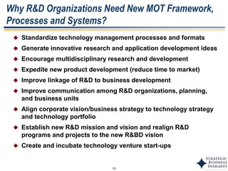 10
Why R&D Organizations Need New MOT Framework,
Processes and Systems?
 Standardize technology management processes and formats
 Generate innovative research and application development ideas
 Encourage multidisciplinary research and development
 Expedite new product development (reduce time to market)
 Improve linkage of R&D to business development
 Improve communication among R&D organizations, planning,
and business units
 Align corporate vision/business strategy to technology strategy
and technology portfolio
 Establish new R&D mission and vision and realign R&D
programs and projects to the new R&BD vision
 Create and incubate technology venture start-ups
 