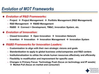 2
Evolution of MOT Frameworks
 Evolution of R&D Frameworks:
– Project  Project Management  Portfolio Management (R&D Management)
– R&D Management  R&BD Management
– R&BD  Connect + Development, TM&C, Innovation System, etc.
 Evolution of Innovation:
– Closed Innovation  Open Innovation  Innovation Network
– Invention  Innovation  Innovation Management  Innovation System
 R&BD Frameworks for Innovation Leaders:
– Customization to align with their own strategic visions and goals
– Standardization to apply to global business units/companies and R&D centers
– Institutionalization to utilize the whole human resources effectively and efficiently
– Flexibility in modification and improvement for specific uses
– Changes in Primary Focus: Technology Push (focus on technology and IP assets)
 Market Pull (focus on market and consumer)
 