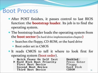 Boot Process
 After POST finishes, it passes control to last BIOS
function: the bootstrap loader. Its job is to find the
operating system.
 The bootstrap loader loads the operating system from
the boot sector (In hard drive implementation chapter)
 Searches the floppy, CD-ROM, or the hard drive
 Boot order set in CMOS
 It reads CMOS to tell it where to look first for
operating system (boot order).
54
 
