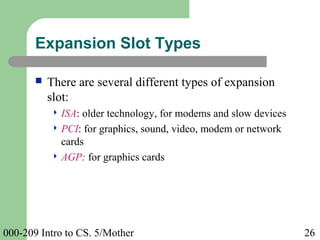 000-209 Intro to CS. 5/Mother 26
 There are several different types of expansion
slot:
 ISA: older technology, for modems and slow devices
 PCI: for graphics, sound, video, modem or network
cards
 AGP: for graphics cards
Expansion Slot Types
 