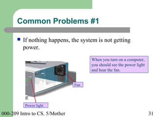 000-209 Intro to CS. 5/Mother 31
 If nothing happens, the system is not getting
power.
When you turn on a computer,
you should see the power light
and hear the fan.
Common Problems #1
Fan
Power light
 