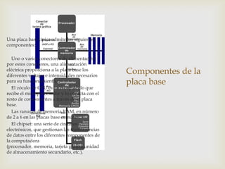 Una placa base típica admite los siguientes
componentes:

   Uno o varios conectores de alimentación:
por estos conectores, una alimentación
eléctrica proporciona a la placa base los
diferentes voltajes e intensidades necesarios
                                                 Componentes de la
para su funcionamiento.                          placa base
   El zócalo de CPU es un receptáculo que
recibe el microprocesador y lo conecta con el
resto de componentes a través de la placa
base.
   Las ranuras de memoria RAM, en número
de 2 a 6 en las placas base comunes.
   El chipset: una serie de circuitos
electrónicos, que gestionan las transferencias
de datos entre los diferentes componentes de
la computadora
(procesador, memoria, tarjeta gráfica,unidad
de almacenamiento secundario, etc.).
 