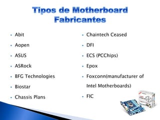  Abit
 Aopen
 ASUS
 ASRock
 BFG Technologies
 Biostar
 Chassis Plans
 Chaintech Ceased
 DFI
 ECS (PCChips)
 Epox
 Foxconn(manufacturer of
Intel Motherboards)
 FIC
 