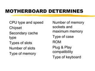 MOTHERBOARD DETERMINES
CPU type and speed
Chipset
Secondary cache
type
Types of slots
Number of slots
Type of memory

Number of memory
sockets and
maximum memory
Type of case
ROM
Plug & Play
compatibility
Type of keyboard

 