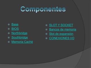  Base
 BIOS
 Northbridge
 Southbridge
 Memoria Caché
 SLOT Y SOCKET
 Bancos de memoria
 Slot de expansión
 CONEXIONES I/O
 