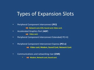 Types of Expansion Slots
• Peripheral Component Interconnect (PCI)
Network card, SCSI, Sound card, Video card.
• Accelerated Graphics Port (AGP)
Video card.
• Peripheral Component Interconnect Extended( PCI-X)
• Peripheral Component Interconnect Express (PCI e)
Video card, Modem, Sound Card, Network Card.
• Communications and networking riser (CNR)
• Modem, Network card, Sound card.
 