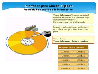Interfaces para Discos Rígidos:
Velocidad de acceso a la información:
Latencia rotacional: el tiempo que debe espe-
rar el cabezal para que el sector deseado pase
por él
Tiempo de búsqueda: Tiempo en que tarda el
cabezal en posicionarse en el cilindro en el que
se encuentra el sector deseado.
Este tiempo es apróx. de 16 Milisegundos.
Tiempo de acceso:
Tiempo de búsqueda + Latencia rotacional
4.500 RPM = 6,66 Mseg
5.400 RPM = 5,55 Mseg
7.200 RPM = 4,16 Mseg
10.000 RPM = 3,00 Mseg
3.600 RPM = 8.33 Mseg
Tiempos de latencia rotacional
 