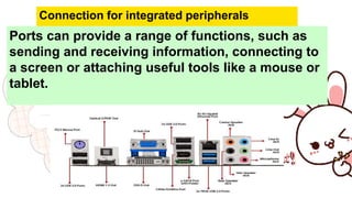 Ports can provide a range of functions, such as
sending and receiving information, connecting to
a screen or attaching useful tools like a mouse or
tablet.
Connection for integrated peripherals
 