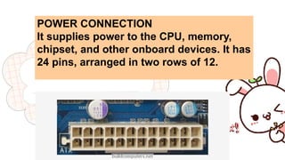 POWER CONNECTION
It supplies power to the CPU, memory,
chipset, and other onboard devices. It has
24 pins, arranged in two rows of 12.
 