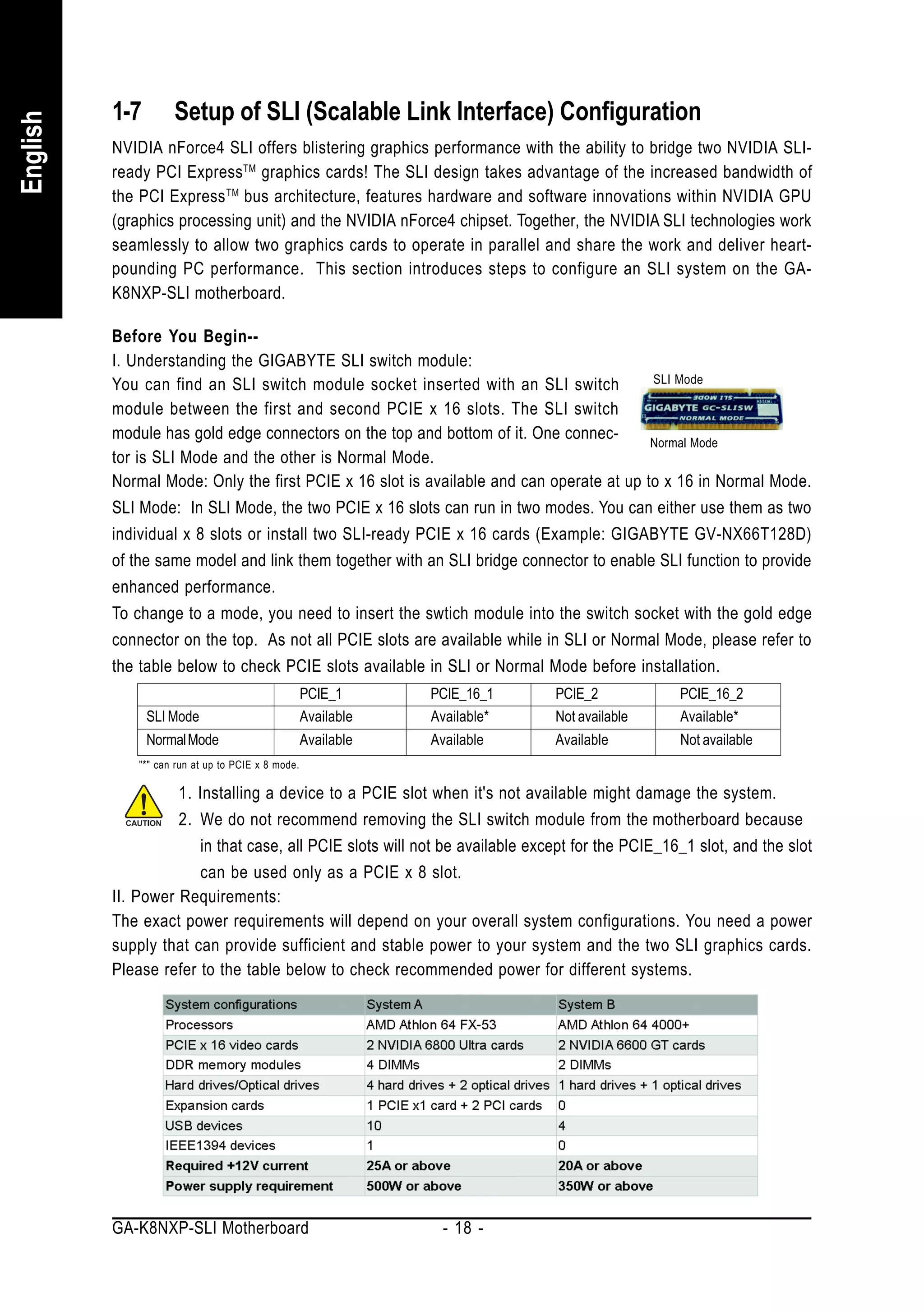 1-7        Setup of SLI (Scalable Link Interface) Configuration
English


          NVIDIA nForce4 SLI offers blistering graphics performance with the ability to bridge two NVIDIA SLI-
          ready PCI ExpressTM graphics cards! The SLI design takes advantage of the increased bandwidth of
          the PCI Express TM bus architecture, features hardware and software innovations within NVIDIA GPU
          (graphics processing unit) and the NVIDIA nForce4 chipset. Together, the NVIDIA SLI technologies work
          seamlessly to allow two graphics cards to operate in parallel and share the work and deliver heart-
          pounding PC performance. This section introduces steps to configure an SLI system on the GA-
          K8NXP-SLI motherboard.

          Before You Begin--
          I. Understanding the GIGABYTE SLI switch module:
          You can find an SLI switch module socket inserted with an SLI switch           SLI Mode

          module between the first and second PCIE x 16 slots. The SLI switch
          module has gold edge connectors on the top and bottom of it. One connec-       Normal Mode
          tor is SLI Mode and the other is Normal Mode.
          Normal Mode: Only the first PCIE x 16 slot is available and can operate at up to x 16 in Normal Mode.
          SLI Mode: In SLI Mode, the two PCIE x 16 slots can run in two modes. You can either use them as two
          individual x 8 slots or install two SLI-ready PCIE x 16 cards (Example: GIGABYTE GV-NX66T128D)
          of the same model and link them together with an SLI bridge connector to enable SLI function to provide
          enhanced performance.
          To change to a mode, you need to insert the swtich module into the switch socket with the gold edge
          connector on the top. As not all PCIE slots are available while in SLI or Normal Mode, please refer to
          the table below to check PCIE slots available in SLI or Normal Mode before installation.
                                                    PCIE_1      PCIE_16_1    PCIE_2             PCIE_16_2
                SLI Mode                            Available   Available*   Not available      Available*
                Normal Mode                         Available   Available    Available          Not available
              "*" can run at up to PCIE x 8 mode.

                    1. Installing a device to a PCIE slot when it's not available might damage the system.
                    2. We do not recommend removing the SLI switch module from the motherboard because
                       in that case, all PCIE slots will not be available except for the PCIE_16_1 slot, and the slot
                       can be used only as a PCIE x 8 slot.
          II. Power Requirements:
          The exact power requirements will depend on your overall system configurations. You need a power
          supply that can provide sufficient and stable power to your system and the two SLI graphics cards.
          Please refer to the table below to check recommended power for different systems.




          GA-K8NXP-SLI Motherboard                                - 18 -
 