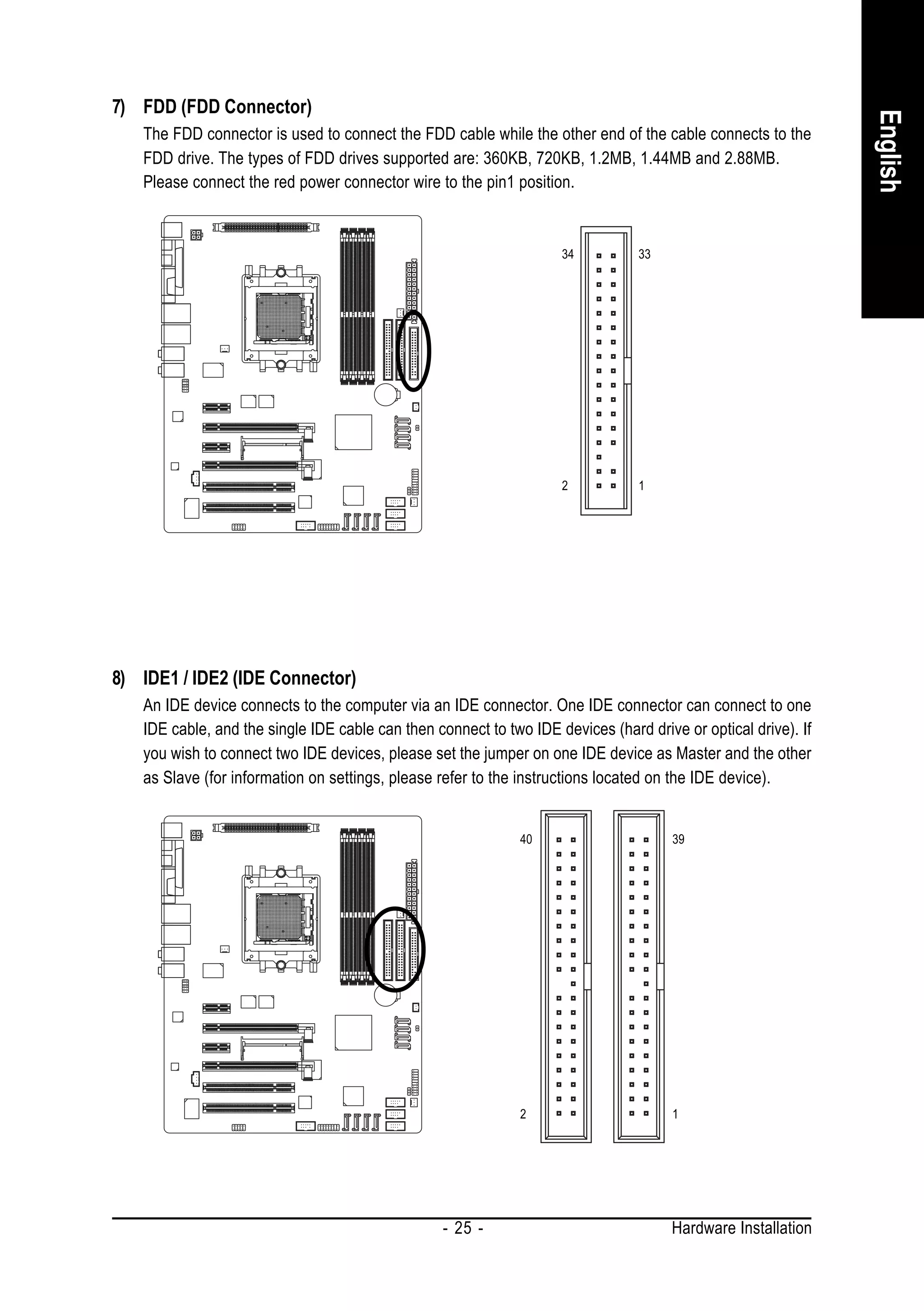 7) FDD (FDD Connector)




                                                                                                               English
   The FDD connector is used to connect the FDD cable while the other end of the cable connects to the
   FDD drive. The types of FDD drives supported are: 360KB, 720KB, 1.2MB, 1.44MB and 2.88MB.
   Please connect the red power connector wire to the pin1 position.



                                                                    34          33




                                                                    2           1




8) IDE1 / IDE2 (IDE Connector)
   An IDE device connects to the computer via an IDE connector. One IDE connector can connect to one
   IDE cable, and the single IDE cable can then connect to two IDE devices (hard drive or optical drive). If
   you wish to connect two IDE devices, please set the jumper on one IDE device as Master and the other
   as Slave (for information on settings, please refer to the instructions located on the IDE device).


                                                              40                      39




                                                              2                       1




                                                  - 25 -                              Hardware Installation
 
