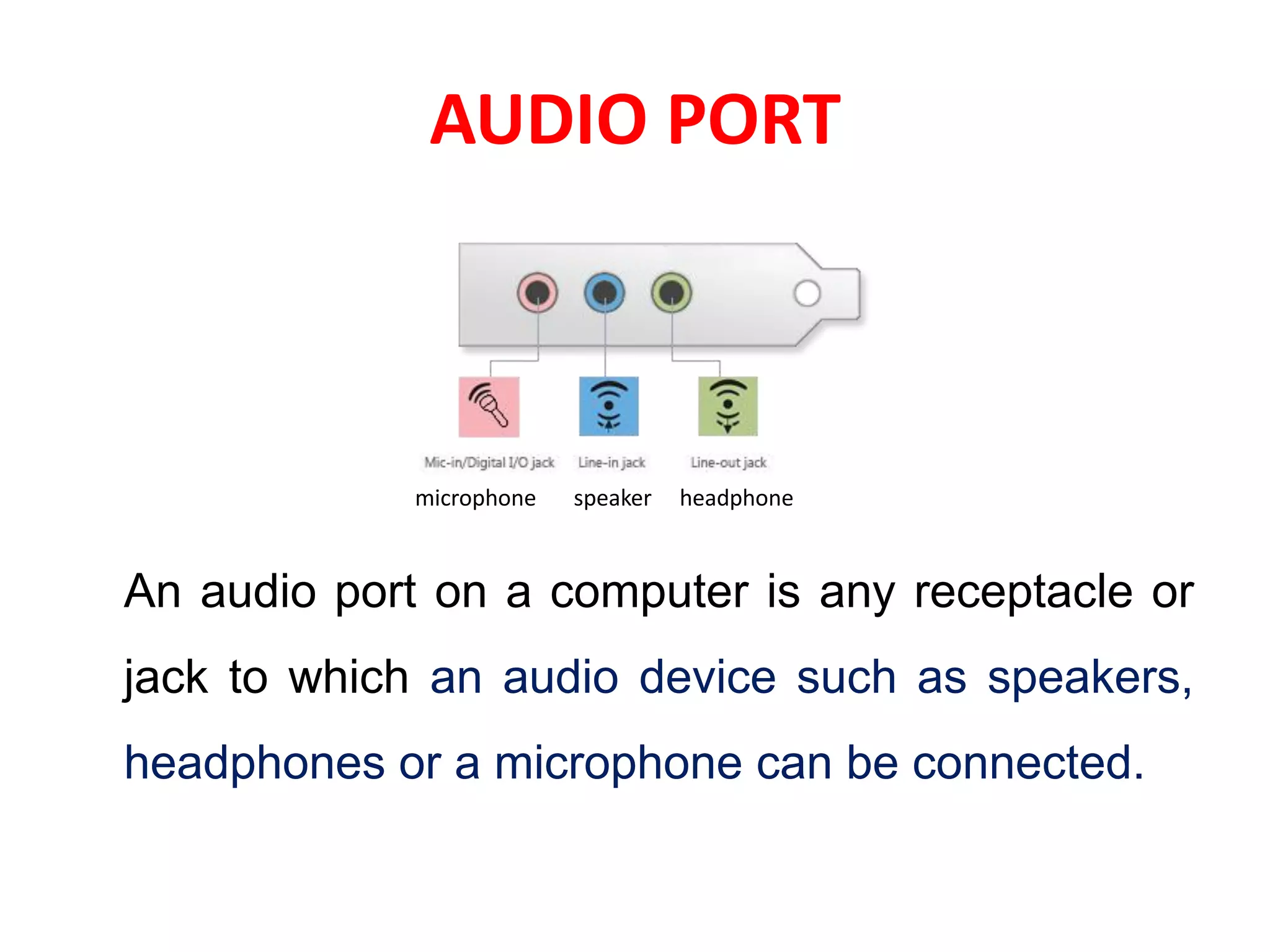 AUDIO PORT
An audio port on a computer is any receptacle or
jack to which an audio device such as speakers,
headphones or a microphone can be connected.
headphonespeakermicrophone
 