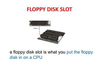 FLOPPY DISK SLOT
a floppy disk slot is what you put the floppy
disk in on a CPU
 