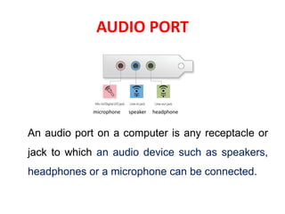AUDIO PORT
An audio port on a computer is any receptacle or
jack to which an audio device such as speakers,
headphones or a microphone can be connected.
headphonespeakermicrophone
 