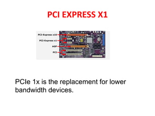 PCI EXPRESS X1
PCIe 1x is the replacement for lower
bandwidth devices.
 