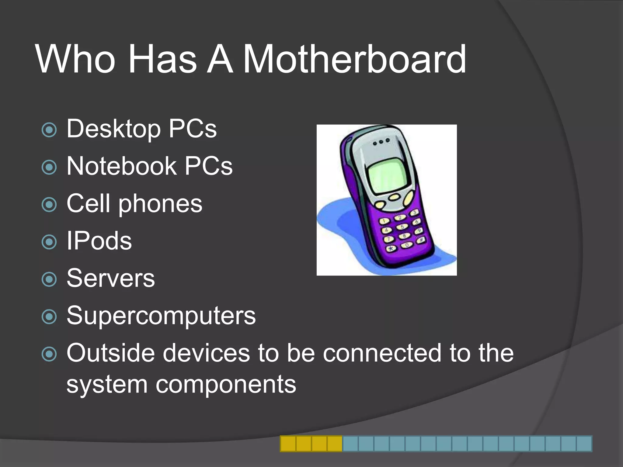 Who Has A Motherboard
 Desktop PCs
 Notebook PCs
 Cell phones
 IPods
 Servers
 Supercomputers
 Outside devices to be connected to the
system components
 