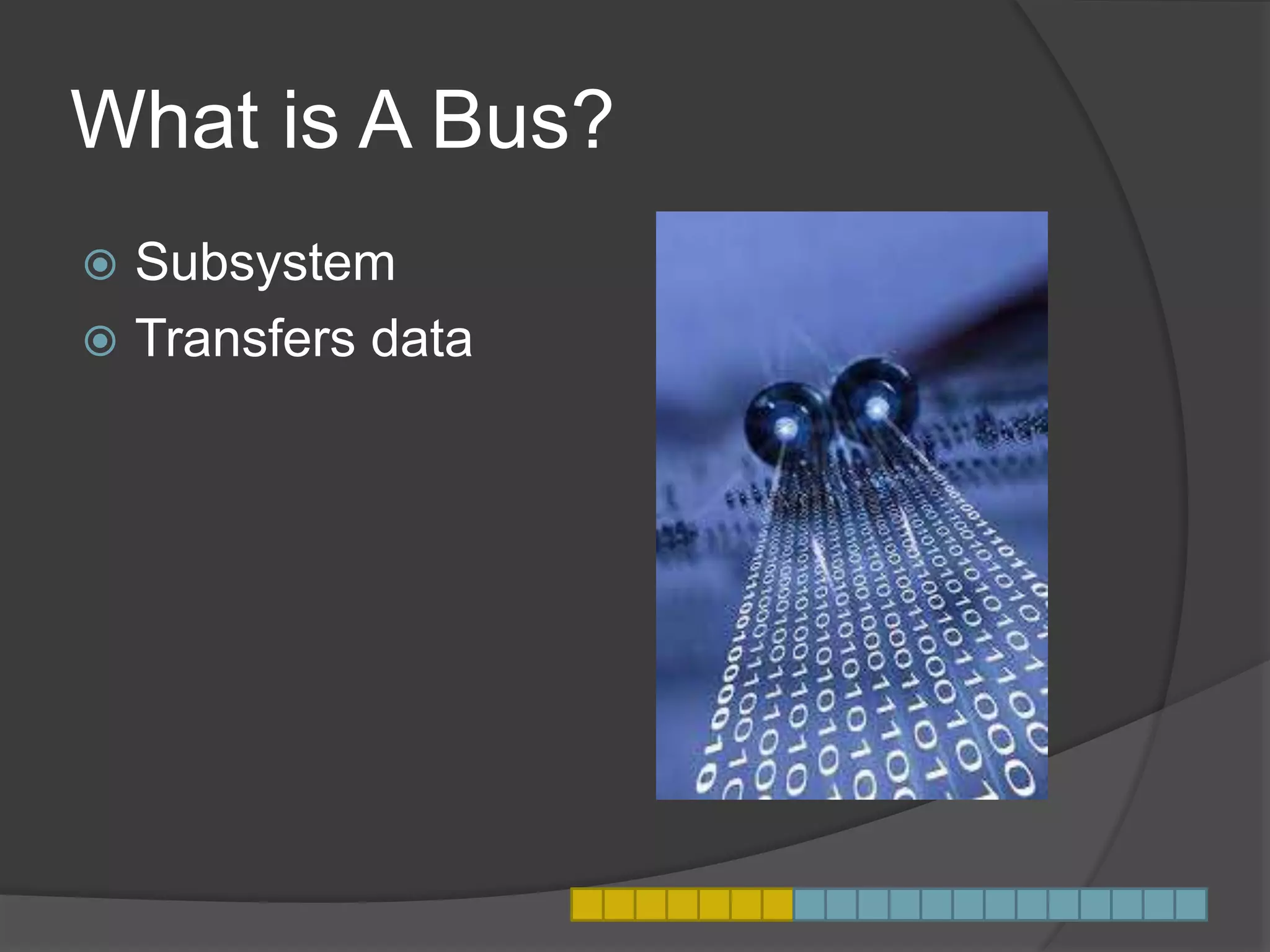 What is A Bus?
 Subsystem
 Transfers data
 