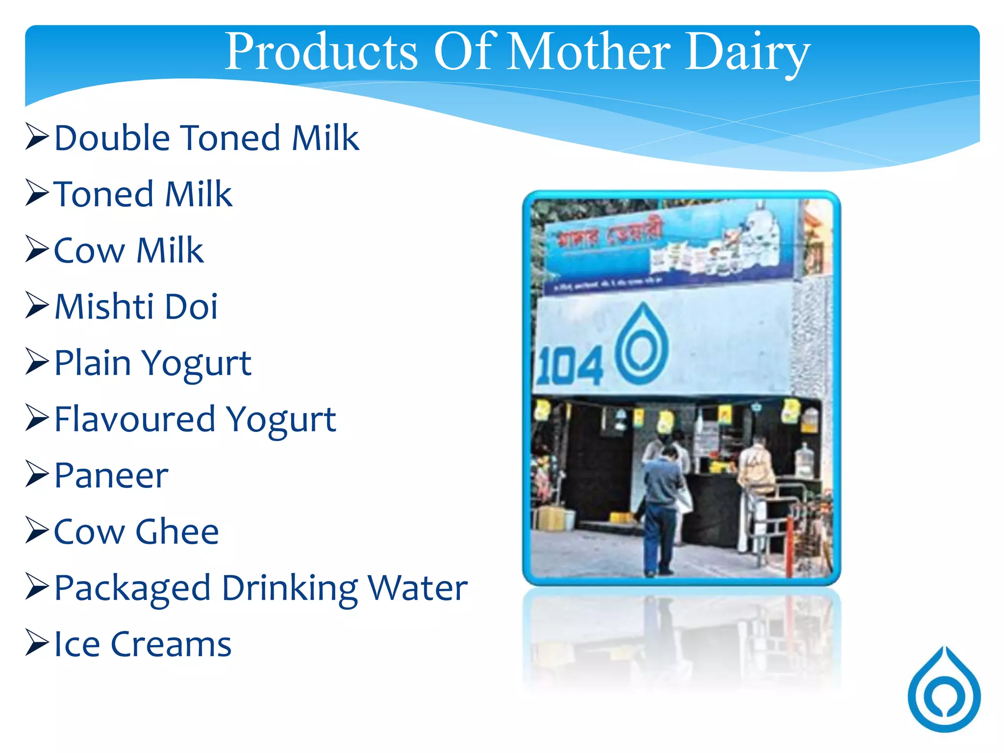 Products Of Mother Dairy
Double Toned Milk
Toned Milk
Cow Milk
Mishti Doi
Probiotic Yogurt
Flavoured Yogurt
Paneer
Cow Ghee
Ice Creams
 