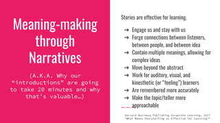 Meaning-making
through
Narratives
(A.K.A. Why our
“introductions” are going
to take 20 minutes and why
that’s valuable…)
S...