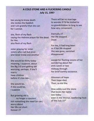 nN!
;,!"/:,&$"#%,;#:,;,9/3!P%23#4,!;#:/%)
KC=J,QR6,QNNS!
4$$!.$6(3!4$!K($7!5&142!
,2&!0&#/4&,!42&!k155/,2!
1(5!9!1+!3014&)6%!4214!,2&!#1(!
)$0!9!#1(($48!!
,2&M!P&,2!$)!+.!P&,2!
,1./(3!42&!&-0&7!*01.&0!)$0!42&!5&15!
)$0!&0M!!
1%,$!P&,2!$)!+.!P&,2!
,/,4&0!*01./(3!)$0!,/,4&0!
,/,4&0,!72$!+&4!-64!$(#&!
1(5!(&B&0!K(&7!$(&!1($42&0!
o2&!7$6%5!-&!42/04.!4$51.!
+$1(/(3M!9!,6**$,&M!1-$64!!
42&!Z/3!EjA!1(5!3&p(3!$%5!
7$00./(3M!*&021*,M!/)!,2&[%%!
+100.!
21B&!#2/%50&(!
-&)$0&!/4[,!4$$!%14&<!
o2&!7$6%5!-&M!!
/)!,2&!#$6%5!-&M!!
9!,6**$,&!
Z64!30$7/(3!$%5!/,!!
!($!%$(3&0!1!#$(#&0(!
($4!,$+&42/(3!,2&!(&&5!_$0!#1(`!!
7$00.!1-$64!
&0!%/)&!#64!,2$04!
)$0&B&0!ni!
:2&0&!7/%%!-&!($!+100/13&!
4$!7$(5&0!/)!9[5!-&!/(B/4&5!4$!
($!301(5#2/%50&(!4$!%$(3!4$!,&&!
2$7!B&0.!#$(B&(/&(48!!
S4&0(1%%.!ni!
&0!%/)&!,4$**&58!!
X&158!!
O$0!+&M!/4!215!%$(3!-&&(!
1,!/)!2&0!%/)&!,4$**&5!!
o2&!71,!3$(&M!B1(/,2&5!
5/,1**&10&5!
&e#&*4!)$0!P&&'(3!B/,/$(,!$)!2&0!
7$(5&0/(3!1-$64!&0!
1(5!1!*&&K!$0!47$!
+/571.!420$632!
2&0!-0/&)!&1042%.!&e/,4&(#&8!!
U%/++&0,!$)!2$*&!
:2&(!2$*&!5/&58!!
:2&(M!,$!5/5!o2&8!!
$7!$55%.!#$$%!42&!,4$(&!!
4214!-&10,!&0!(1+&!
71,!4$51.!
&B&(!/(!42&!/(4&(,&M!,7&%4&0/(3!2&14!
$)!42/,!L6%.!>g42!
 