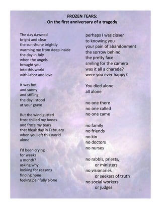 nh!
92"T%#,$%;2&')
"-,+E.,U*1+,)-->V.*1)*J,0F,),+*)D.GJ,
:2&!51.!517(&5!!
-0/324!1(5!#%&10!
42&!,6(!,2$(&!-0/324%.!!
710+/(3!+&!)0$+!5&&*!/(,/5&!
42&!51.!/(!L6%.!
72&(!42&!1(3&%,!!
-0$6324!.$6!!
/(4$!42/,!7$0%5!
7/42!%1-$0!1(5!%$B&!
94!71,!2$4!!
1(5!,6((.!
1(5!,'P/(3!
42&!51.!9!,4$$5!
14!.$60!301B&!
Z64!42&!7/(5!36,4&5!!
)0$,4!#2/%%&5!+.!-$(&,!
1(5!)0$d&!+.!4&10,!
4214!-%&1K!51.!/(!O&-0610.!
72&(!.$6!%&a!42/,!7$0%5!
1%$(&!
9[5!-&&(!#0./(3!!
)$0!7&&K,!
1!+$(42J!!
1,K/(3!72.!
%$$K/(3!)$0!0&1,$(,!
Q(5/(3!($(&!
)&&%/(3!*1/()6%%.!1%$(&!!
*&021*,!9!71,!#%$,&0!
4$!K($7/(3!.$6!
.$60!*1/(!$)!1-1(5$(+&(4!
42&!,$00$7!-&2/(5!!
42&!*0&=.!)1#&!
,+/%/(3!)$0!42&!#1+&01!
71,!/4!1%%!1!#21015&J!!
7&0&!.$6!&B&0!21**.J!!
]$6!5/&5!1%$(&!
1%%!1%$(&!
($!$(&!42&0&!
($!$(&!#1%%&5!
($!$(&!#1+&!
($!)1+/%.!
($!)0/&(5,!
($!K/(!
($!5$#4$0,!
($!(60,&,!
($!01--/,M!*0/&,4,M!!!
!$0!+/(/,4&0,!
($!B/,/$(10/&,!!
!$0!,&&K&0,!$)!40642!!
($!,$#/1%!7$0K&0,!!
!$0!;653&,!
 