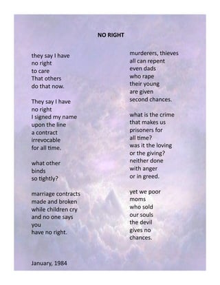 42&.!,1.!9!21B&!
($!0/324!
4$!#10&!
:214!$42&0,!
5$!4214!($78!!
:2&.!,1.!9!21B&!
($!0/324!
9!,/3(&5!+.!(1+&!
6*$(!42&!%/(&!
1!#$(401#4!
/00&B$#1-%&!
)$0!1%%!'+&8!!
7214!$42&0!
-/(5,!
,$!'324%.J!!
+100/13&!#$(401#4,!
+15&!1(5!-0$K&(!
72/%&!#2/%50&(!#0.!
1(5!($!$(&!,1.,!
.$6!
21B&!($!0/3248!!
L1(610.M!>?@N!
+605&0&0,M!42/&B&,!
1%%!#1(!0&*&(4!
&B&(!515,!
72$!01*&!
42&/0!.$6(3!
10&!3/B&(!
,&#$(5!#21(#&,8!!
7214!/,!42&!#0/+&!
4214!+1K&,!6,!
*0/,$(&0,!)$0!
1%%!'+&J!!
71,!/4!42&!%$B/(3!
$0!42&!3/B/(3J!!
(&/42&0!5$(&!
7/42!1(3&0!
$0!/(!30&&58!!
.&4!7&!*$$0!
+$+,!
72$!,$%5!
$60!,$6%,!
42&!5&B/%!
3/B&,!($!
#21(#&,8!!
#",2345$,)
 