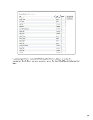 So, as each permission is added to the Group Permissions, be sure to assign the
appropriate depth. There are some occasions where the depth MUST be at the Consortium
level.




                                                                                        13
 