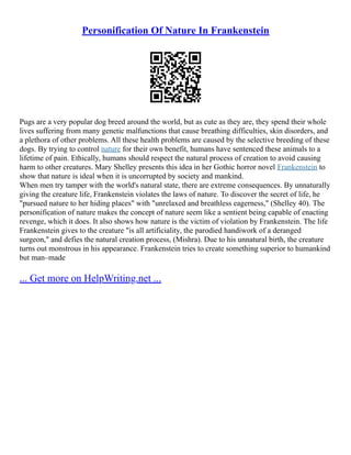Personification Of Nature In Frankenstein
Pugs are a very popular dog breed around the world, but as cute as they are, they spend their whole
lives suffering from many genetic malfunctions that cause breathing difficulties, skin disorders, and
a plethora of other problems. All these health problems are caused by the selective breeding of these
dogs. By trying to control nature for their own benefit, humans have sentenced these animals to a
lifetime of pain. Ethically, humans should respect the natural process of creation to avoid causing
harm to other creatures. Mary Shelley presents this idea in her Gothic horror novel Frankenstein to
show that nature is ideal when it is uncorrupted by society and mankind.
When men try tamper with the world's natural state, there are extreme consequences. By unnaturally
giving the creature life, Frankenstein violates the laws of nature. To discover the secret of life, he
"pursued nature to her hiding places" with "unrelaxed and breathless eagerness," (Shelley 40). The
personification of nature makes the concept of nature seem like a sentient being capable of enacting
revenge, which it does. It also shows how nature is the victim of violation by Frankenstein. The life
Frankenstein gives to the creature "is all artificiality, the parodied handiwork of a deranged
surgeon," and defies the natural creation process, (Mishra). Due to his unnatural birth, the creature
turns out monstrous in his appearance. Frankenstein tries to create something superior to humankind
but man–made
... Get more on HelpWriting.net ...
 