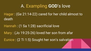 A. Exampling GOD’s love
Hagar : (Ge 21:14-22) cared for her child almost to
death
Hannah : (1 Sa 1:28) sacrificial love
Mary : (Jo 19:25-26) loved her son from afar
Eunice : (2 Ti 1:5) Sought her son’s salvation
 