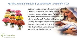 Nothing can be compared with flowers when it
comes to expressing love and gratitude to
someone as special as a mom. Flowers for
mother’s day can therefore be the most amazing
gift for her. Ferns N Petals is widely known for
creating alluring flower bouquets and
arrangements for all kind of occasions and for this
vital day, we have again come up with some
mesmerizing floral creations.
 