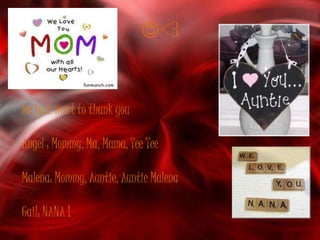 <3


We just want to thank you

Angel : Mommy, Ma, Mama, Tee Tee

Malena: Mommy, Auntie, Auntie Malena

Gail: NANA !
 