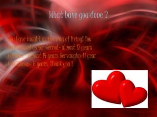 What have you done ?

You have taught us the way of living! You
have raised us for Gerrod- almost 17 years
Germani- almost 14 years Gervaughn-11 year
& De’Shaun- 6 years. Thank you !
 