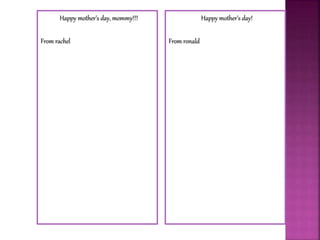 Happy mother’s day, mommy!!!
From rachel
Happy mother’s day!
From ronald
 