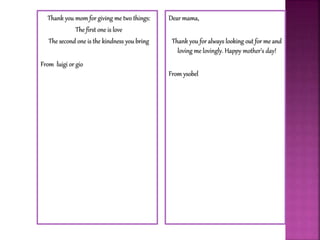 Thank you mom for giving me two things:
The first one is love
The second one is the kindness you bring
From luigi or gio
Dear mama,
Thank you for always looking out for me and
loving me lovingly. Happy mother’s day!
From ysobel
 