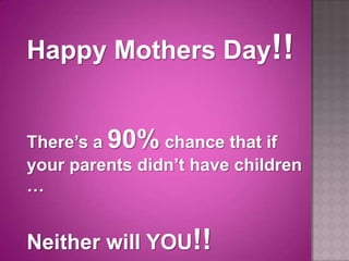 Happy Mothers Day!!


There’s a 90% chance that if
your parents didn’t have children
…


Neither will YOU!!
 