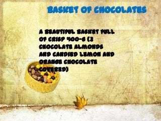 Basket of chocolates

A beautiful basket full
of crisp 400-G (3
chocolate almonds
and candied lemon and
orange chocolate
covered)
 