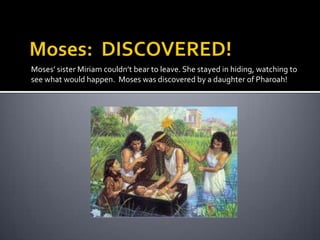 Moses:  DISCOVERED!Moses’ sister Miriam couldn’t bear to leave. She stayed in hiding, watching to see what would happen.  Moses was discovered by a daughter of Pharoah!