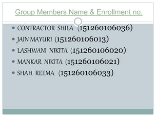 Group Members Name & Enrollment no.
 CONTRACTOR SHILA (151260106036)
 JAIN MAYURI (151260106013)
 LASHWANI NIKITA (151260106020)
 MANKAR NIKITA (151260106021)
 SHAH REEMA (151260106033)
 
