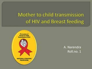 Mother to child transmissionof HIV and Breast feeding A. Narendra Roll.no. 1 