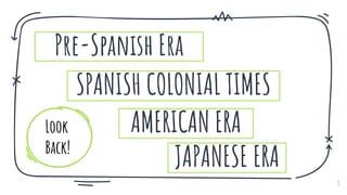 Pre-Spanish Era
SPANISH COLONIAL TIMES
AMERICAN ERA
JAPANESE ERA
Look
Back!
3
 