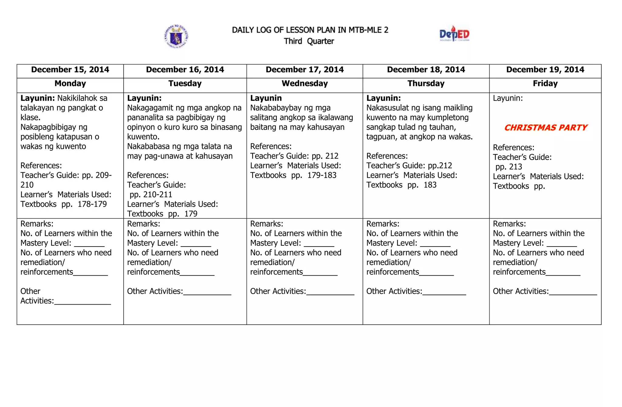 DAILY LOG OF LESSON PLAN IN MTB-MLE 2
Third Quarter
December 15, 2014 December 16, 2014 December 17, 2014 December 18, 2014 December 19, 2014
Monday Tuesday Wednesday Thursday Friday
Layunin: Nakikilahok sa
talakayan ng pangkat o
klase.
Nakapagbibigay ng
posibleng katapusan o
wakas ng kuwento
References:
Teacher’s Guide: pp. 209-
210
Learner’s Materials Used:
Textbooks pp. 178-179
Layunin:
Nakagagamit ng mga angkop na
pananalita sa pagbibigay ng
opinyon o kuro kuro sa binasang
kuwento.
Nakababasa ng mga talata na
may pag-unawa at kahusayan
References:
Teacher’s Guide:
pp. 210-211
Learner’s Materials Used:
Textbooks pp. 179
Layunin
Nakababaybay ng mga
salitang angkop sa ikalawang
baitang na may kahusayan
References:
Teacher’s Guide: pp. 212
Learner’s Materials Used:
Textbooks pp. 179-183
Layunin:
Nakasusulat ng isang maikling
kuwento na may kumpletong
sangkap tulad ng tauhan,
tagpuan, at angkop na wakas.
References:
Teacher’s Guide: pp.212
Learner’s Materials Used:
Textbooks pp. 183
Layunin:
References:
Teacher’s Guide:
pp. 213
Learner’s Materials Used:
Textbooks pp.
Remarks:
No. of Learners within the
Mastery Level: _______
No. of Learners who need
remediation/
reinforcements________
Other
Activities:_____________
Remarks:
No. of Learners within the
Mastery Level: _______
No. of Learners who need
remediation/
reinforcements________
Other Activities:___________
Remarks:
No. of Learners within the
Mastery Level: _______
No. of Learners who need
remediation/
reinforcements________
Other Activities:___________
Remarks:
No. of Learners within the
Mastery Level: _______
No. of Learners who need
remediation/
reinforcements________
Other Activities:__________
Remarks:
No. of Learners within the
Mastery Level: _______
No. of Learners who need
remediation/
reinforcements________
Other Activities:___________
 