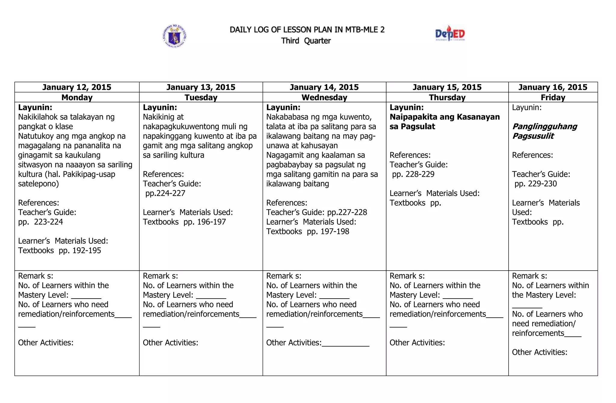 DAILY LOG OF LESSON PLAN IN MTB-MLE 2
Third Quarter
January 12, 2015 January 13, 2015 January 14, 2015 January 15, 2015 January 16, 2015
Monday Tuesday Wednesday Thursday Friday
Layunin:
Nakikilahok sa talakayan ng
pangkat o klase
Natutukoy ang mga angkop na
magagalang na pananalita na
ginagamit sa kaukulang
sitwasyon na naaayon sa sariling
kultura (hal. Pakikipag-usap
satelepono)
References:
Teacher’s Guide:
pp. 223-224
Learner’s Materials Used:
Textbooks pp. 192-195
Layunin:
Nakikinig at
nakapagkukuwentong muli ng
napakinggang kuwento at iba pa
gamit ang mga salitang angkop
sa sariling kultura
References:
Teacher’s Guide:
pp.224-227
Learner’s Materials Used:
Textbooks pp. 196-197
Layunin:
Nakababasa ng mga kuwento,
talata at iba pa salitang para sa
ikalawang baitang na may pag-
unawa at kahusayan
Nagagamit ang kaalaman sa
pagbabaybay sa pagsulat ng
mga salitang gamitin na para sa
ikalawang baitang
References:
Teacher’s Guide: pp.227-228
Learner’s Materials Used:
Textbooks pp. 197-198
Layunin:
Naipapakita ang Kasanayan
sa Pagsulat
References:
Teacher’s Guide:
pp. 228-229
Learner’s Materials Used:
Textbooks pp.
Layunin:
Panglingguhang
Pagsusulit
References:
Teacher’s Guide:
pp. 229-230
Learner’s Materials
Used:
Textbooks pp.
Remark s:
No. of Learners within the
Mastery Level: _______
No. of Learners who need
remediation/reinforcements____
____
Other Activities:
Remark s:
No. of Learners within the
Mastery Level: _______
No. of Learners who need
remediation/reinforcements____
____
Other Activities:
Remark s:
No. of Learners within the
Mastery Level: _______
No. of Learners who need
remediation/reinforcements____
____
Other Activities:___________
Remark s:
No. of Learners within the
Mastery Level: _______
No. of Learners who need
remediation/reinforcements____
____
Other Activities:
Remark s:
No. of Learners within
the Mastery Level:
_______
No. of Learners who
need remediation/
reinforcements____
Other Activities:
 