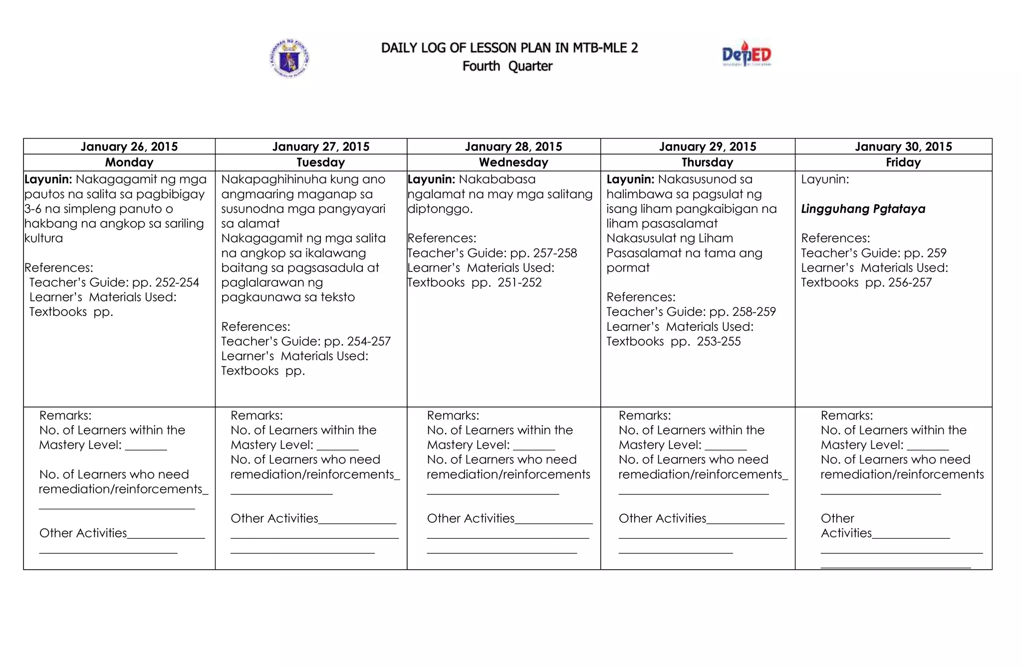 DAILY LOG OF LESSON PLAN IN MTB-MLE 2
Fourth Quarter
January 26, 2015 January 27, 2015 January 28, 2015 January 29, 2015 January 30, 2015
Monday Tuesday Wednesday Thursday Friday
Layunin: Nakagagamit ng mga
pautos na salita sa pagbibigay
3-6 na simpleng panuto o
hakbang na angkop sa sariling
kultura
References:
Teacher’s Guide: pp. 252-254
Learner’s Materials Used:
Textbooks pp.
Nakapaghihinuha kung ano
angmaaring maganap sa
susunodna mga pangyayari
sa alamat
Nakagagamit ng mga salita
na angkop sa ikalawang
baitang sa pagsasadula at
paglalarawan ng
pagkaunawa sa teksto
References:
Teacher’s Guide: pp. 254-257
Learner’s Materials Used:
Textbooks pp.
Layunin: Nakababasa
ngalamat na may mga salitang
diptonggo.
References:
Teacher’s Guide: pp. 257-258
Learner’s Materials Used:
Textbooks pp. 251-252
Layunin: Nakasusunod sa
halimbawa sa pagsulat ng
isang liham pangkaibigan na
liham pasasalamat
Nakasusulat ng Liham
Pasasalamat na tama ang
pormat
References:
Teacher’s Guide: pp. 258-259
Learner’s Materials Used:
Textbooks pp. 253-255
Layunin:
Lingguhang Pgtataya
References:
Teacher’s Guide: pp. 259
Learner’s Materials Used:
Textbooks pp. 256-257
Remarks:
No. of Learners within the
Mastery Level: _______
No. of Learners who need
remediation/reinforcements_
__________________________
Other Activities_____________
_______________________
Remarks:
No. of Learners within the
Mastery Level: _______
No. of Learners who need
remediation/reinforcements_
_________________
Other Activities_____________
____________________________
________________________
Remarks:
No. of Learners within the
Mastery Level: _______
No. of Learners who need
remediation/reinforcements
______________________
Other Activities_____________
___________________________
_________________________
Remarks:
No. of Learners within the
Mastery Level: _______
No. of Learners who need
remediation/reinforcements_
_________________________
Other Activities_____________
____________________________
___________________
Remarks:
No. of Learners within the
Mastery Level: _______
No. of Learners who need
remediation/reinforcements
____________________
Other
Activities_____________
___________________________
_________________________
 