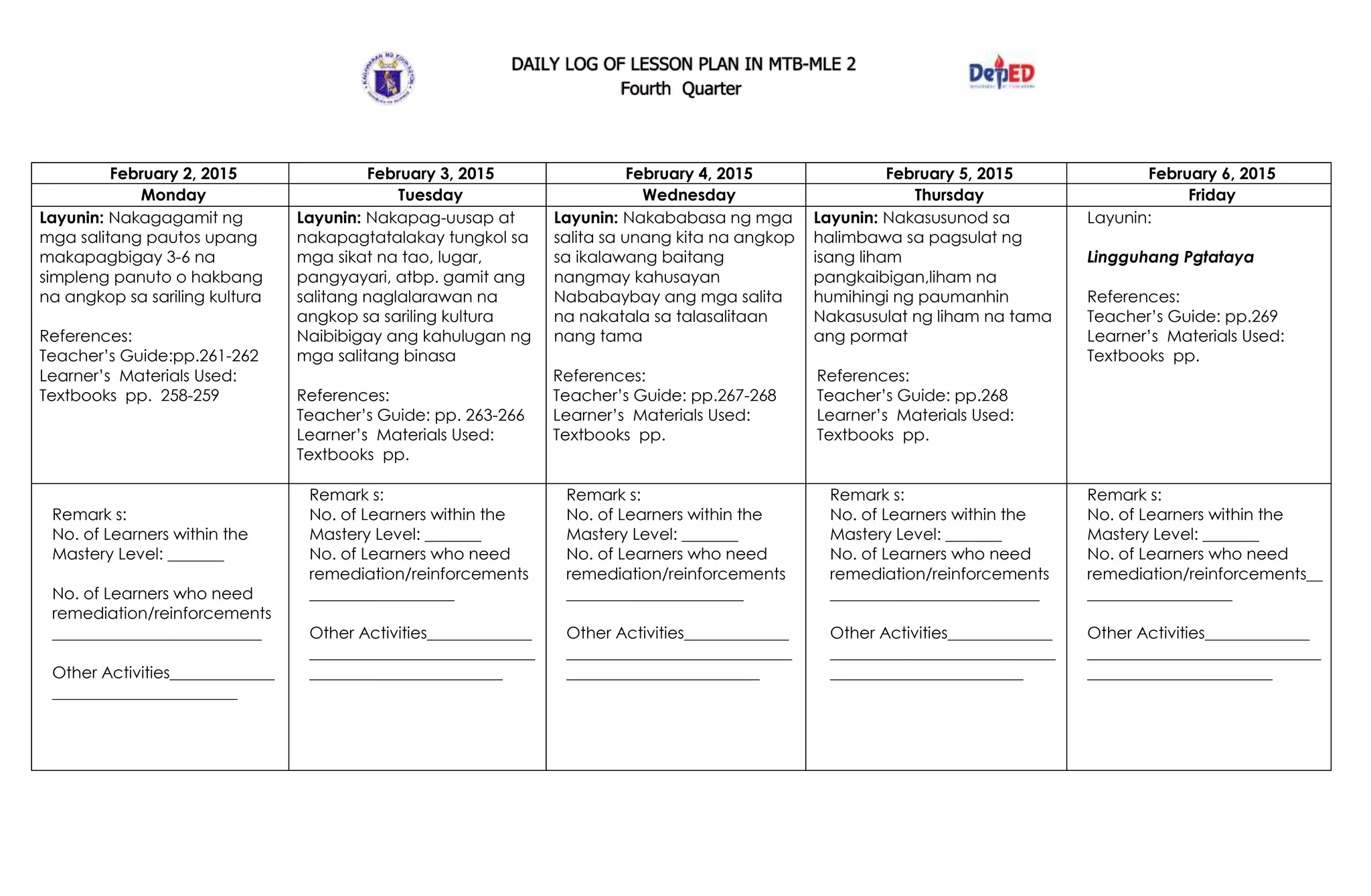 DAILY LOG OF LESSON PLAN IN MTB-MLE 2
Fourth Quarter
February 2, 2015 February 3, 2015 February 4, 2015 February 5, 2015 February 6, 2015
Monday Tuesday Wednesday Thursday Friday
Layunin: Nakagagamit ng
mga salitang pautos upang
makapagbigay 3-6 na
simpleng panuto o hakbang
na angkop sa sariling kultura
References:
Teacher’s Guide:pp.261-262
Learner’s Materials Used:
Textbooks pp. 258-259
Layunin: Nakapag-uusap at
nakapagtatalakay tungkol sa
mga sikat na tao, lugar,
pangyayari, atbp. gamit ang
salitang naglalarawan na
angkop sa sariling kultura
Naibibigay ang kahulugan ng
mga salitang binasa
References:
Teacher’s Guide: pp. 263-266
Learner’s Materials Used:
Textbooks pp.
Layunin: Nakababasa ng mga
salita sa unang kita na angkop
sa ikalawang baitang
nangmay kahusayan
Nababaybay ang mga salita
na nakatala sa talasalitaan
nang tama
References:
Teacher’s Guide: pp.267-268
Learner’s Materials Used:
Textbooks pp.
Layunin: Nakasusunod sa
halimbawa sa pagsulat ng
isang liham
pangkaibigan,liham na
humihingi ng paumanhin
Nakasusulat ng liham na tama
ang pormat
References:
Teacher’s Guide: pp.268
Learner’s Materials Used:
Textbooks pp.
Layunin:
Lingguhang Pgtataya
References:
Teacher’s Guide: pp.269
Learner’s Materials Used:
Textbooks pp.
Remark s:
No. of Learners within the
Mastery Level: _______
No. of Learners who need
remediation/reinforcements
__________________________
Other Activities_____________
_______________________
Remark s:
No. of Learners within the
Mastery Level: _______
No. of Learners who need
remediation/reinforcements
__________________
Other Activities_____________
____________________________
________________________
Remark s:
No. of Learners within the
Mastery Level: _______
No. of Learners who need
remediation/reinforcements
______________________
Other Activities_____________
____________________________
________________________
Remark s:
No. of Learners within the
Mastery Level: _______
No. of Learners who need
remediation/reinforcements
__________________________
Other Activities_____________
____________________________
________________________
Remark s:
No. of Learners within the
Mastery Level: _______
No. of Learners who need
remediation/reinforcements__
__________________
Other Activities_____________
_____________________________
_______________________
 