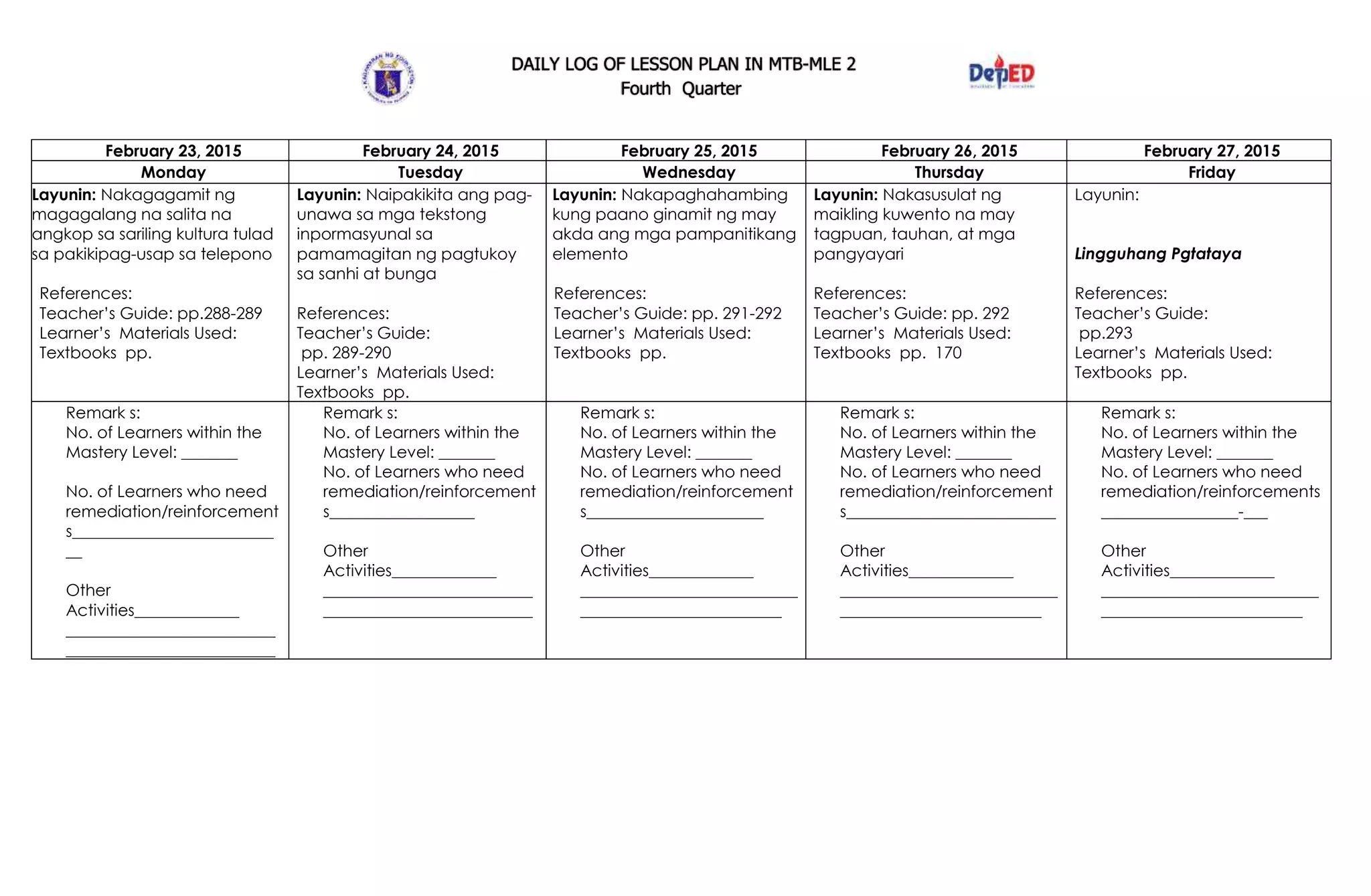 DAILY LOG OF LESSON PLAN IN MTB-MLE 2
Fourth Quarter
February 23, 2015 February 24, 2015 February 25, 2015 February 26, 2015 February 27, 2015
Monday Tuesday Wednesday Thursday Friday
Layunin: Nakagagamit ng
magagalang na salita na
angkop sa sariling kultura tulad
sa pakikipag-usap sa telepono
References:
Teacher’s Guide: pp.288-289
Learner’s Materials Used:
Textbooks pp.
Layunin: Naipakikita ang pag-
unawa sa mga tekstong
inpormasyunal sa
pamamagitan ng pagtukoy
sa sanhi at bunga
References:
Teacher’s Guide:
pp. 289-290
Learner’s Materials Used:
Textbooks pp.
Layunin: Nakapaghahambing
kung paano ginamit ng may
akda ang mga pampanitikang
elemento
References:
Teacher’s Guide: pp. 291-292
Learner’s Materials Used:
Textbooks pp.
Layunin: Nakasusulat ng
maikling kuwento na may
tagpuan, tauhan, at mga
pangyayari
References:
Teacher’s Guide: pp. 292
Learner’s Materials Used:
Textbooks pp. 170
Layunin:
Lingguhang Pgtataya
References:
Teacher’s Guide:
pp.293
Learner’s Materials Used:
Textbooks pp.
Remark s:
No. of Learners within the
Mastery Level: _______
No. of Learners who need
remediation/reinforcement
s_________________________
__
Other
Activities_____________
__________________________
__________________________
Remark s:
No. of Learners within the
Mastery Level: _______
No. of Learners who need
remediation/reinforcement
s__________________
Other
Activities_____________
__________________________
__________________________
Remark s:
No. of Learners within the
Mastery Level: _______
No. of Learners who need
remediation/reinforcement
s______________________
Other
Activities_____________
___________________________
_________________________
Remark s:
No. of Learners within the
Mastery Level: _______
No. of Learners who need
remediation/reinforcement
s__________________________
Other
Activities_____________
___________________________
_________________________
Remark s:
No. of Learners within the
Mastery Level: _______
No. of Learners who need
remediation/reinforcements
_________________-___
Other
Activities_____________
___________________________
_________________________
 