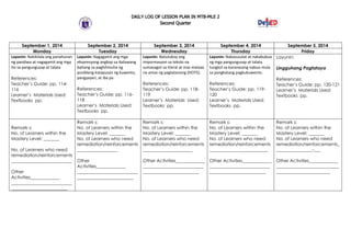DAILY LOG OF LESSON PLAN IN MTB-MLE 2
Second Quarter
September 1, 2014 September 2, 2014 September 3, 2014 September 4, 20...